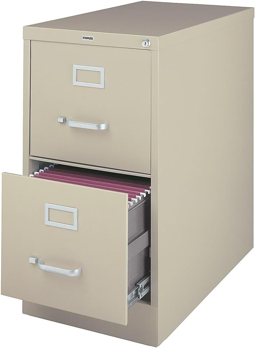 STAPLES 2-Drawer Vertical File Cabinet, Letter Size Documents, Lockable, 26.5" D x 15" W x 28.39" H, Putty/Beige