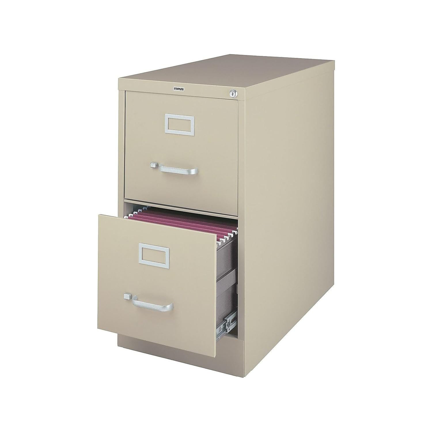 STAPLES 2-Drawer Vertical File Cabinet, Letter Size Documents, Lockable, 26.5" D x 15" W x 28.39" H, Putty/Beige