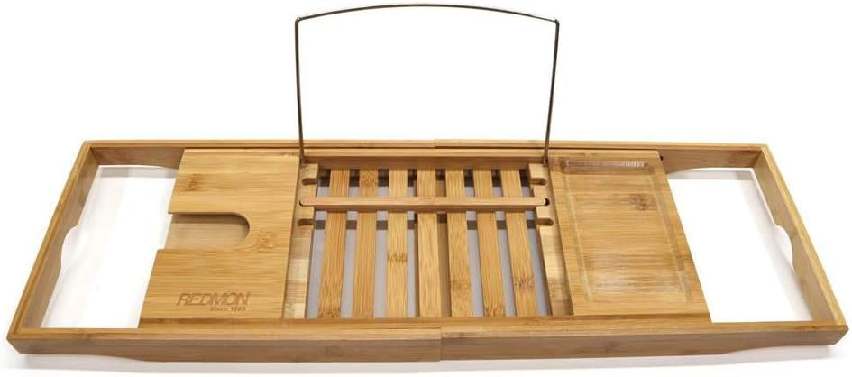 Bamboo Bath Caddy with Reader Stand and Wine Glass Holder, Adjustable Width to 41 Inches
