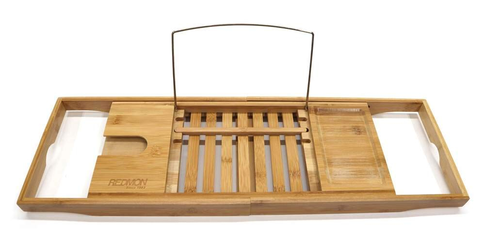 Bamboo Bath Caddy with Reader Stand and Wine Glass Holder, Adjustable Width to 41 Inches