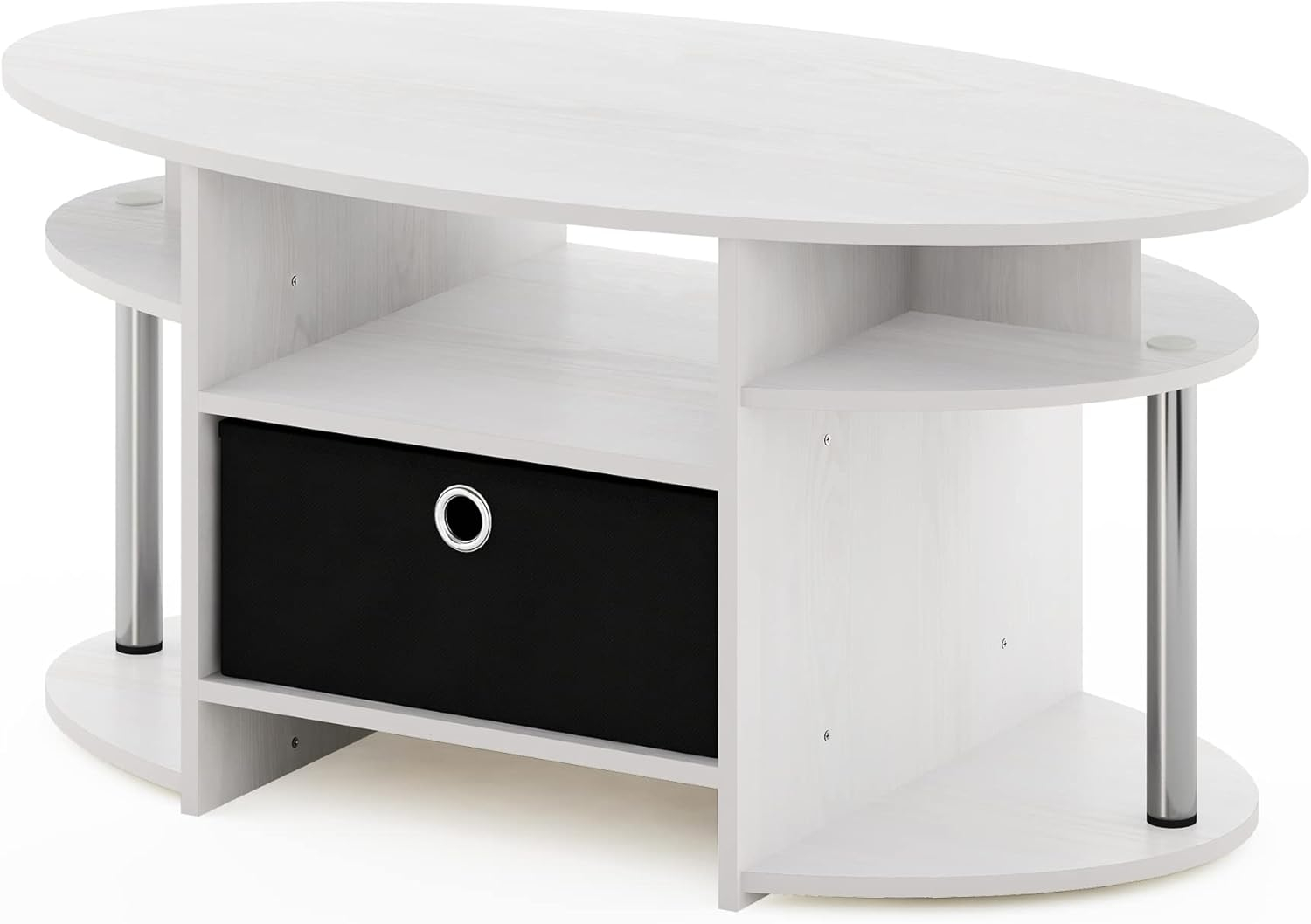Furinno JAYA Simple Design Oval Coffee Table with Bin, White Oak, Stainless Steel Tubes