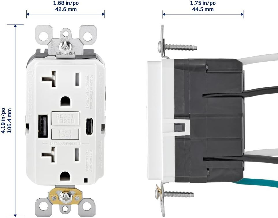 Leviton 20A SmartlockPro Self-Test GFCI Combination with Type A & Type-C USB in-Wall, USB Charger for Smartphones and Tablets, GUAC2-W, White