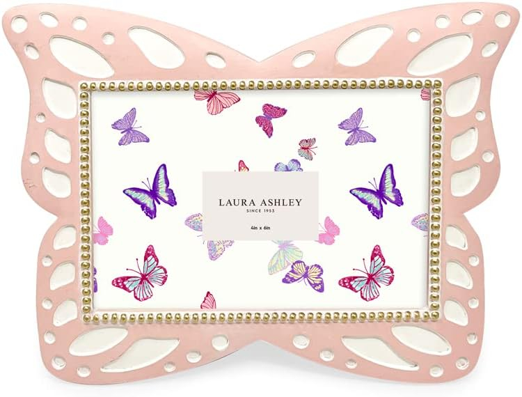 Laura Ashley 4x6 Horizontal Pink Resin Butterfly Picture Frame with Dotted Edges, Photo Frame with Black Fabric Easel, Made for Tabletop & Wall-Hanging Display (6x4, Pink)