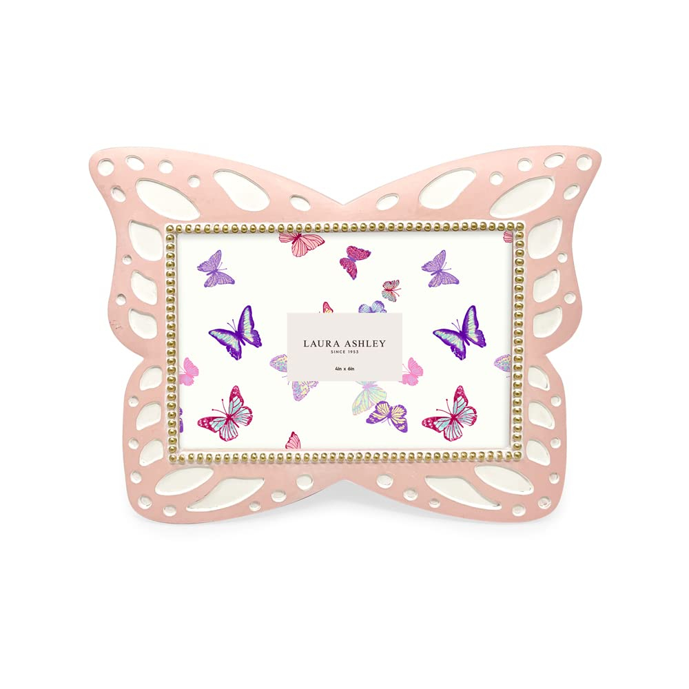 Laura Ashley 4x6 Horizontal Pink Resin Butterfly Picture Frame with Dotted Edges, Photo Frame with Black Fabric Easel, Made for Tabletop & Wall-Hanging Display (6x4, Pink)