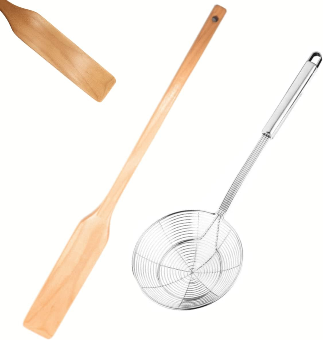 Extra Long 24 Inch Wooden Spoon and 16 Inch Stainless Steel Spider Strainer Skimmer, Large Wood Stirring Paddle for Cooking, Mixing, Home Brewing, Cajun Crawfish, Seafood and Crab Pot Boil Accessories