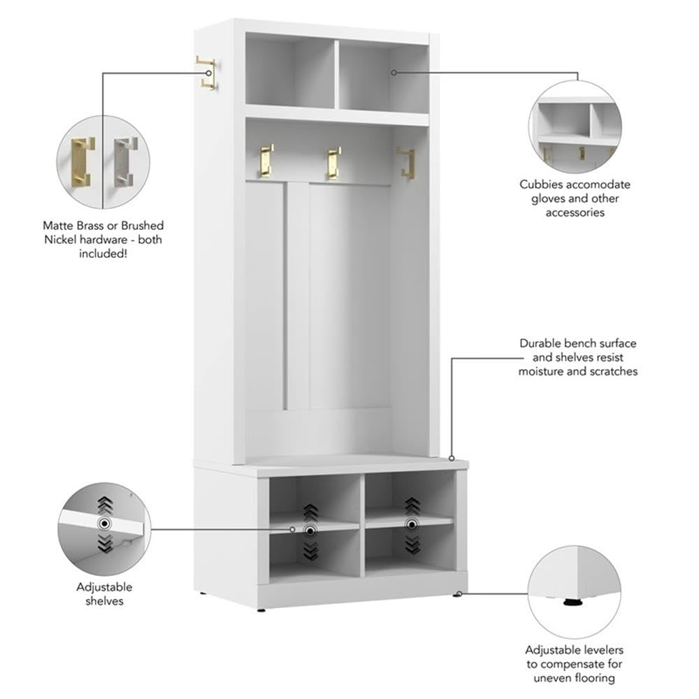 Hampton Heights 30W Hall Tree and Shoe Bench in White - Engineered Wood