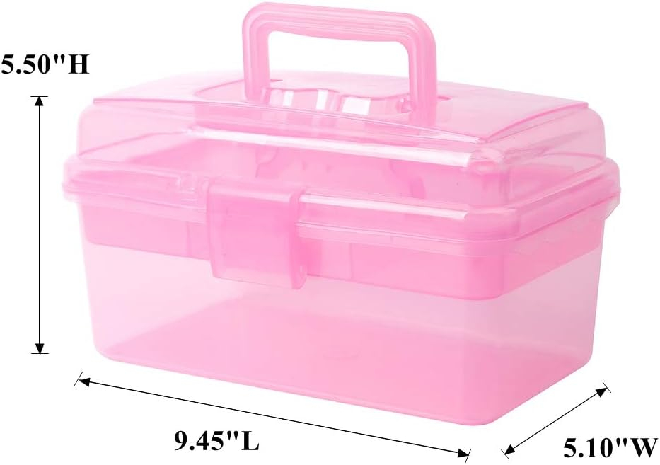 BangQiao Multipurpose Plastic Storage Container Organizer Box Case with Removable Tray and Handle for Art, Craft, Sewing Supplies, Clear&Pink