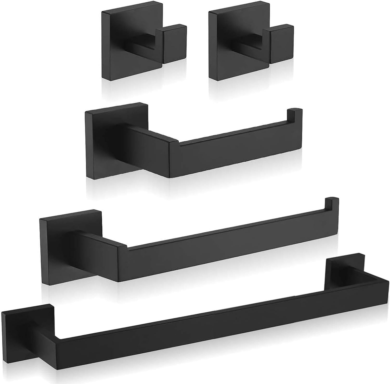 Bathroom Hardware Accessories Set Matte Black,5-Piece Black Towel Bar Set 16" Wall Mounted Towel Holder Stainless Steel-Includes Towel Bar,Robe Towel Hooks,Toilet Paper