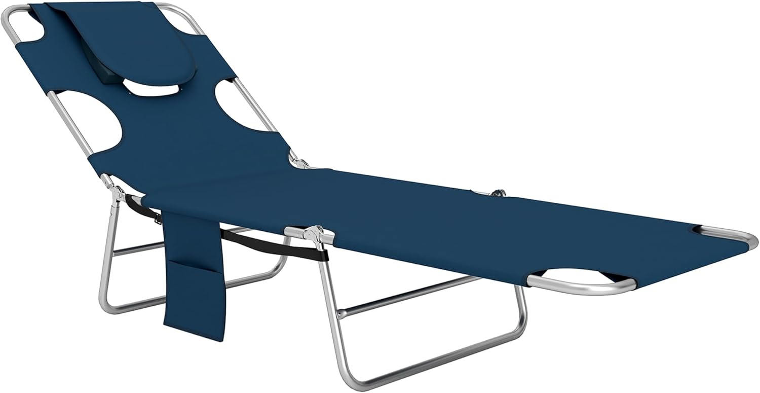 Outsunny Folding Beach Lounge Chair with Face Hole and Arm Slots, 5-Level Adjustable Sun Lounger Tanning Chair with Pillow for Patio, Garden, Beach, Pool, Dark Blue