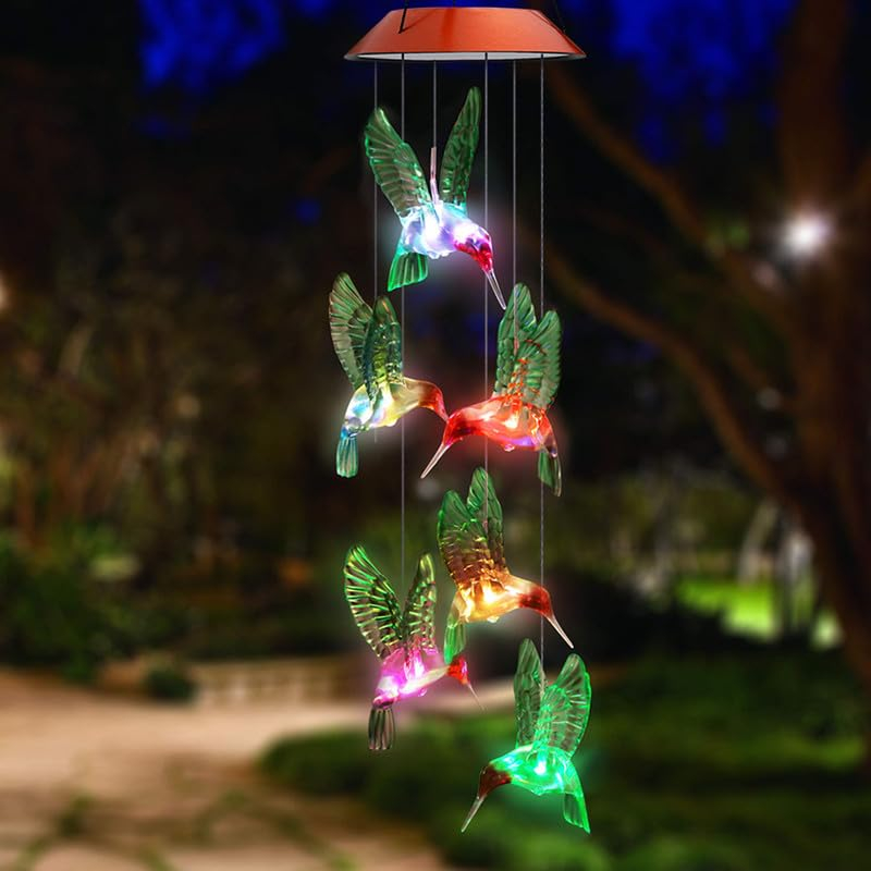 Solar Mobile Wind Chime with Color-Changing LED Lights - Waterproof Hummingbird Wind Chimes for Home, Party, Garden Decoration (Copper Board Hummingbird)