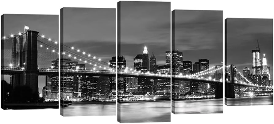 Wieco Art Large Brooklyn Bridge Night View Modern Giclee Canvas Prints Artwork Landscape Pictures to Photo Paintings on Stretched and Framed Canvas Wall Art for Home Decorations