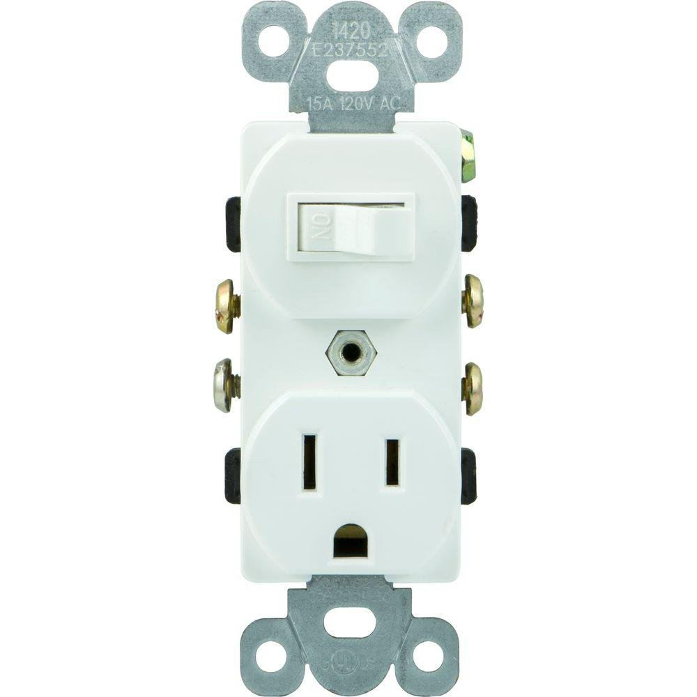 GE Wall Switch & Outlet Combo, Two-in-One Receptacle, 1 On/Off Toggle Power Switch, 1 Grounded AC Outlet Wall Plug, Single Pole, 3 Prong, 15 Amp, UL Listed, White, 59797