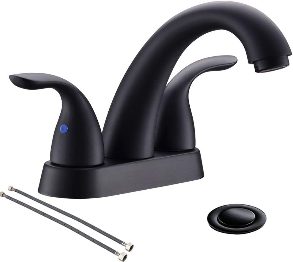 Phiestina 4 Inch 2 or 3 Holes 2 Handles Centerset Matte Black Lead-Free Bathroom Sink Faucet, Bathroom Faucet with Copper Pop Up Drain and Water Supply Lines, BF008-5-MB