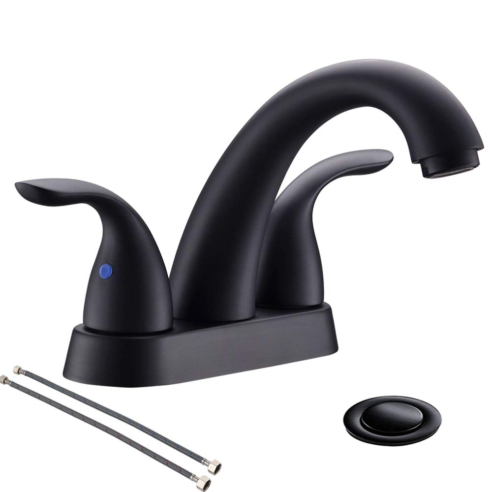 Phiestina 4 Inch 2 or 3 Holes 2 Handles Centerset Matte Black Lead-Free Bathroom Sink Faucet, Bathroom Faucet with Copper Pop Up Drain and Water Supply Lines, BF008-5-MB
