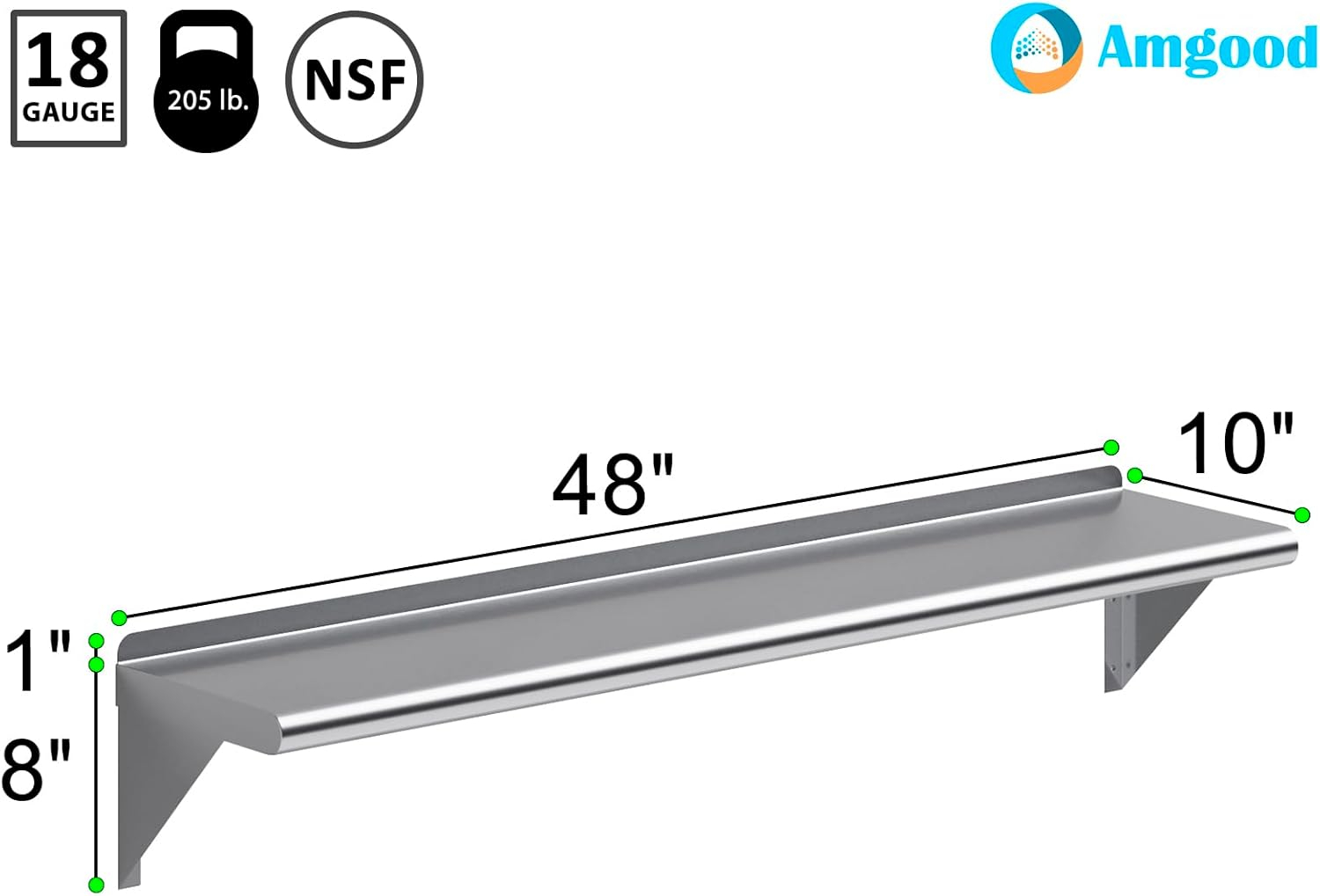 AmGood 10 in. x 48 in. Stainless Steel Wall Shelf | NSF Certified | Appliance & Equipment Metal Shelving | Kitchen, Restaurant, Garage, Laundry, Utility Room