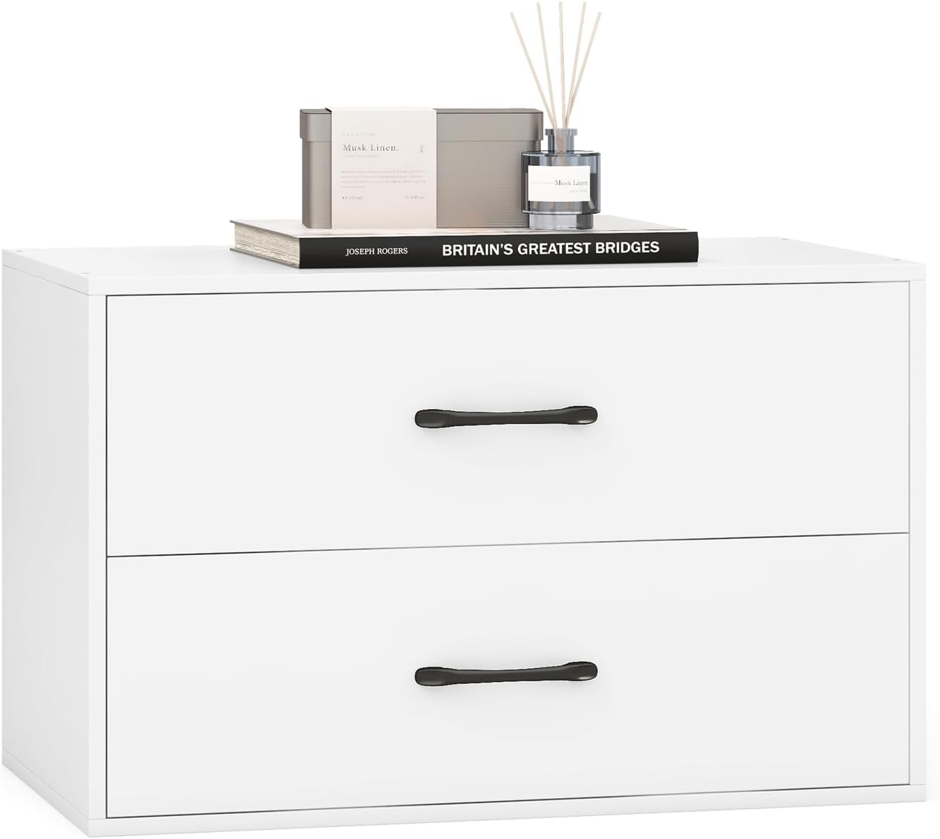 LOKO 2-Drawer Stackable Dresser, Lateral File Cabinet with Metal Handle, Horizontal Storage Cabinet with Anti-Topping Kits, Stacking Drawer Chest for Living Room, Study, Office (1, White)