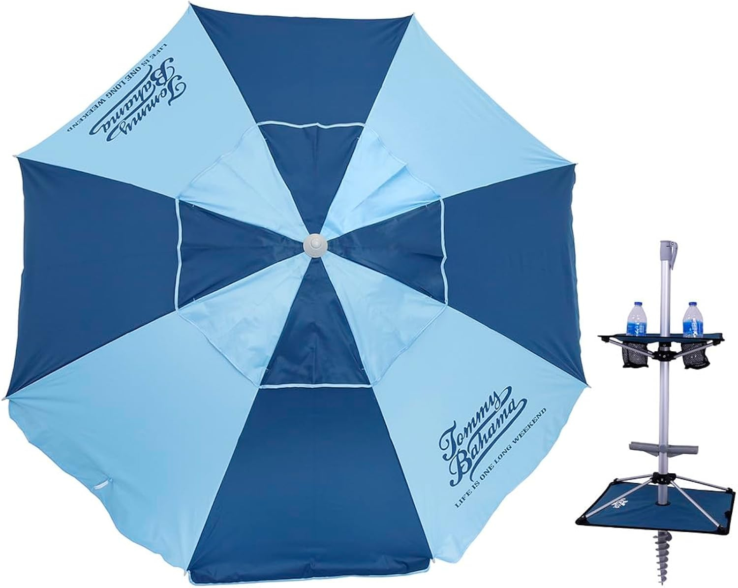 7 ft Fiberglass Tommy Bahama Beach Umbrella for Sand with Folding Anchor Base, Integrated Table, Telescopic Aluminum Pole, UPF 50+, Tilt