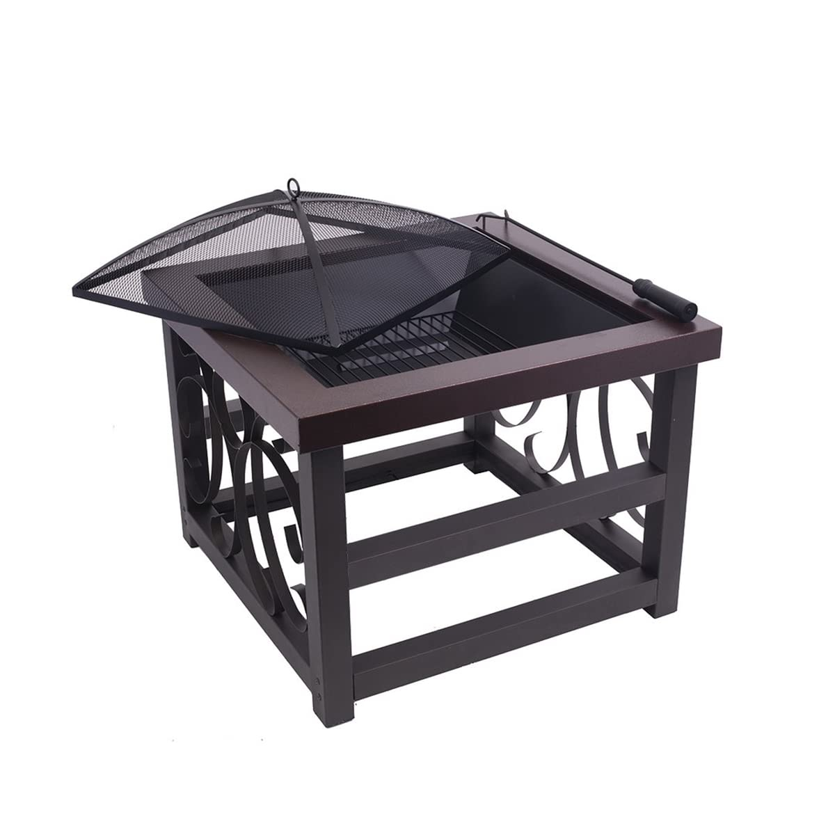 Blue Sky Outdoor Living 28” Square Raised Scroll Fire Pit with Log Grate, Spark Screen, and Lift, Tabletop-Style Steel Fire Pit, Bronze