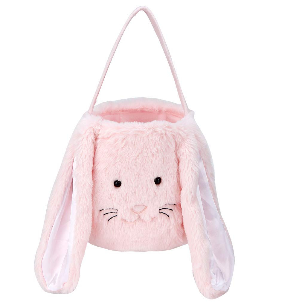 Easter Bunny Tote Bag, Cute Fuzzy Rabbit Ears Soft Plush Candy Handle Bag Eggs Basket Gift Bag for Kids Holiday Decorations