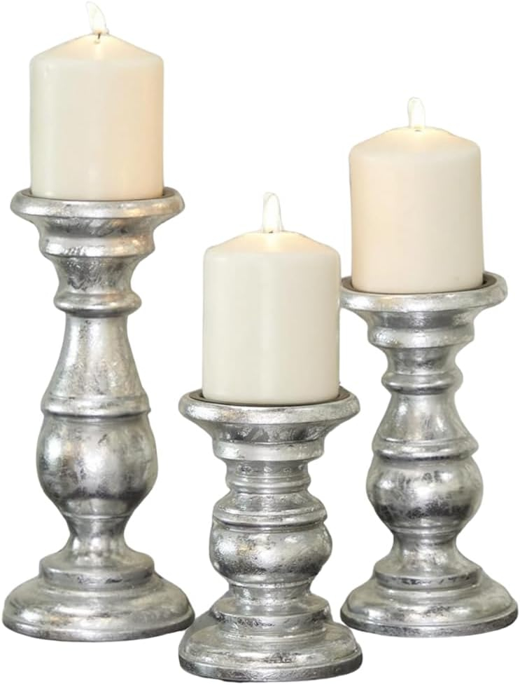 AULIYA Wooden Candle Holders Pillar Candles Holder Rustic Wood Stand Decorative Polish Candlestick Set of 3 for Home Decor - 6" 8" 10" Silver