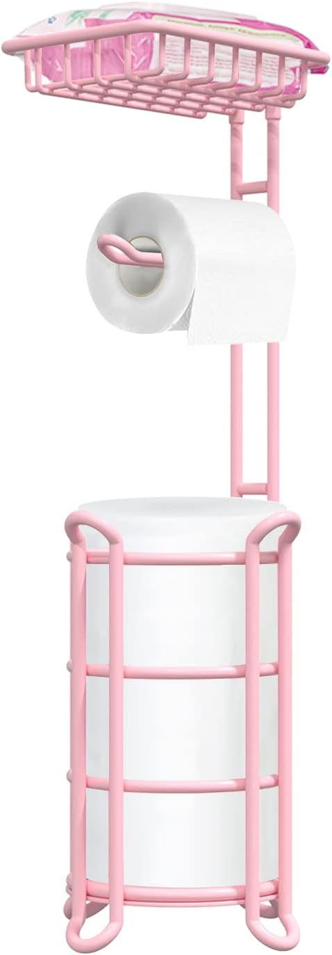 Pink Toilet Paper Holder Stand Tissue Holder for Bathroom Floor Standing Toilet Roll Dispenser Storage 4 Reserve Mega Rolls, Phone, Wipes