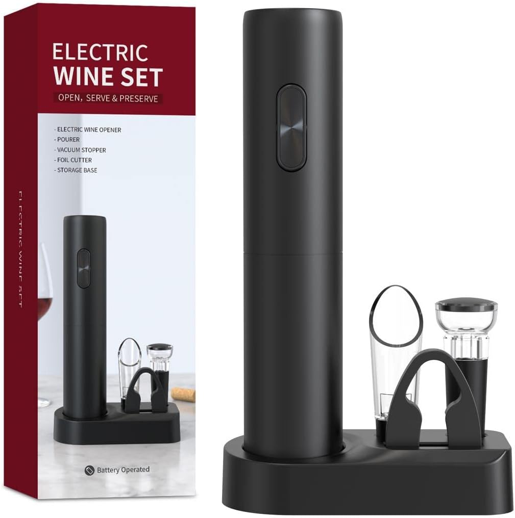 Rechargeable Electric Wine Opener, 5 in 1 set with Automatic Electric Wine Bottle Corkscrew Opener, Foil Cutter, Vacuum Stopper, Wine Pourer and Storage Charging Stand