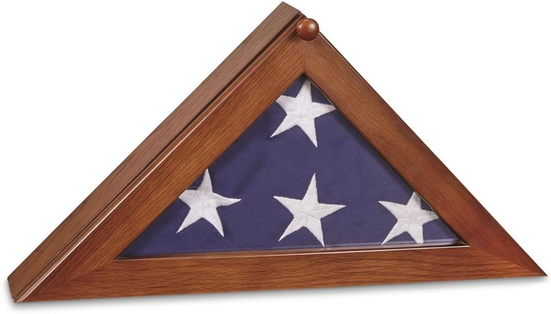 Walnut Finish Wood and Glass Triangular Wall Mount Flag Display Case