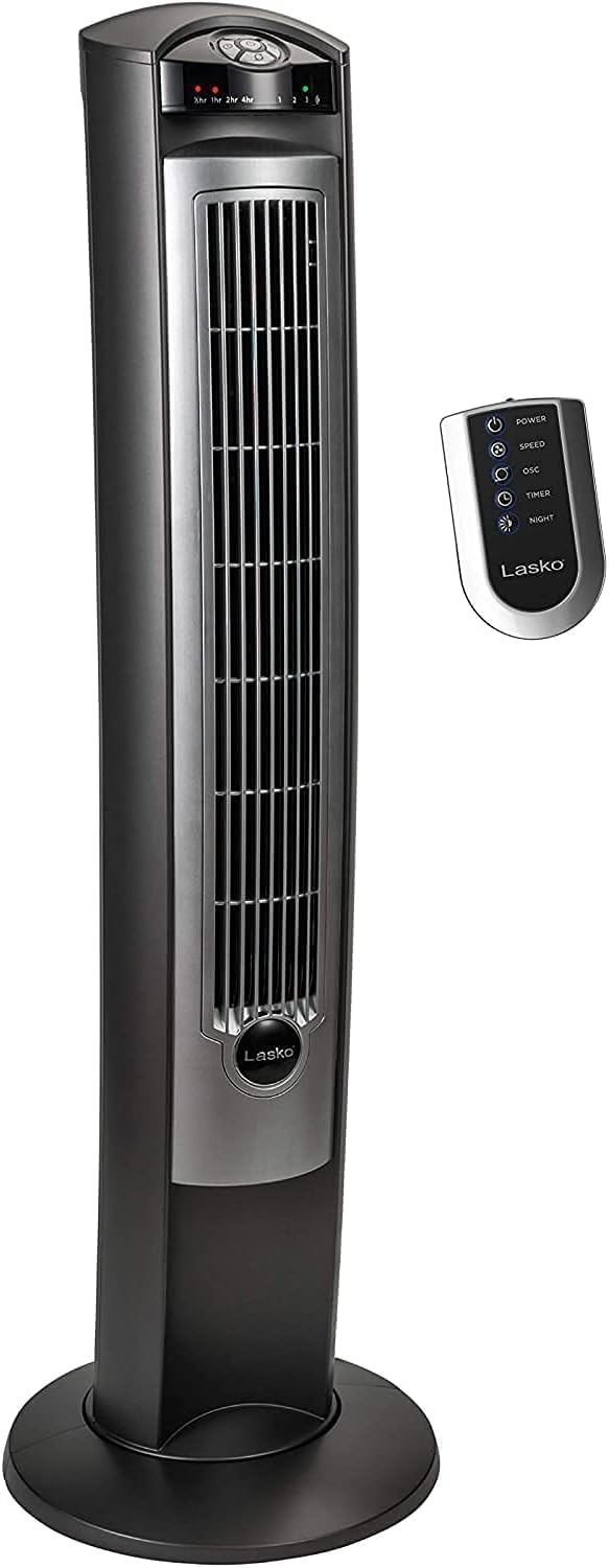 Lasko Wind Curve 42” 3-Speed Remote Controlled Oscillating Tower Fan, Silver, T42951 New