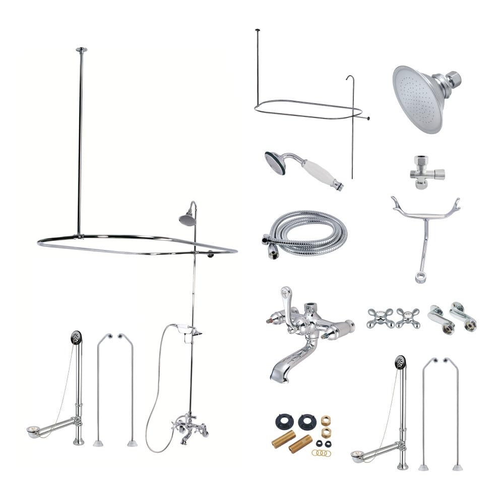 Kingston Brass Vintage Three-Handle 2-Hole Tub Wall Mount Clawfoot Tub Faucet Package with Shower Enclosure and Hand Shower