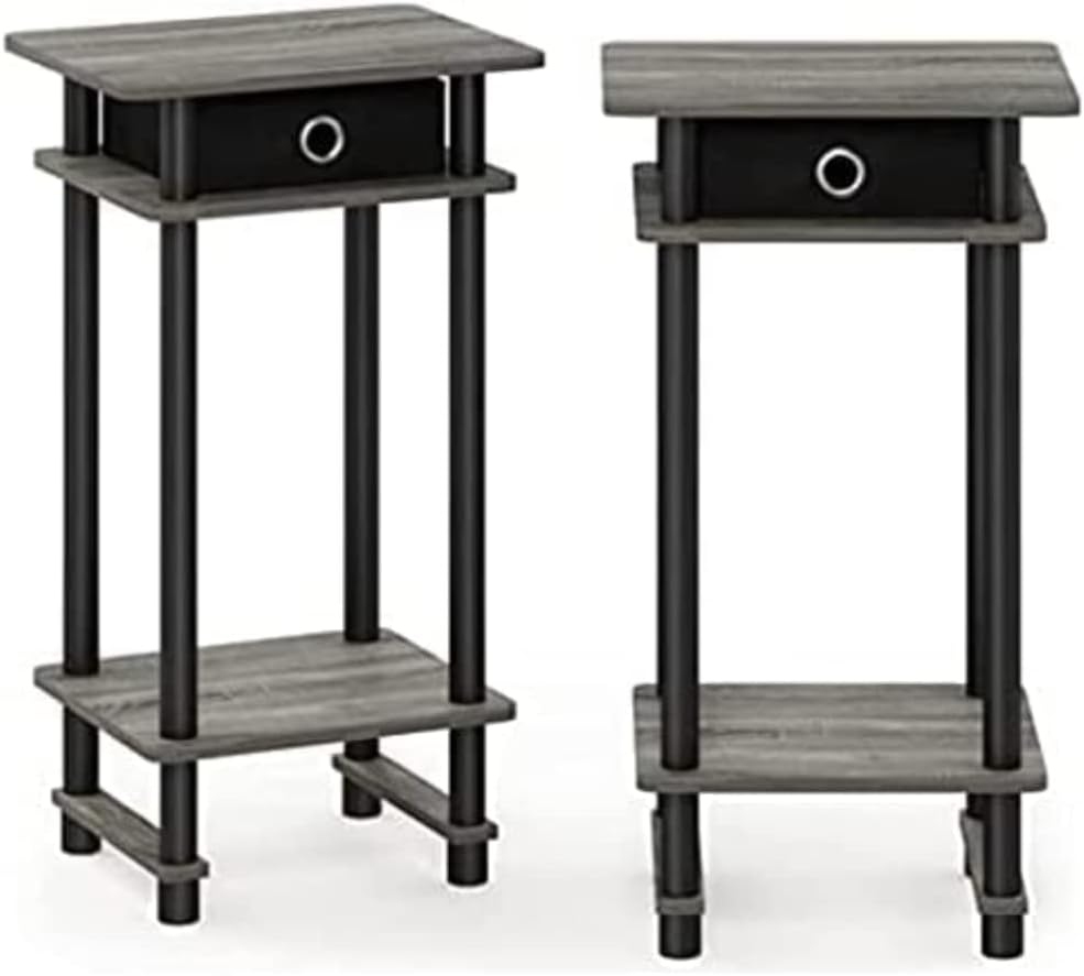 Furinno 2-17017 Turn-N-Tube Tall End Table with Bin, French Oak Grey/Black/Black, Set of 2