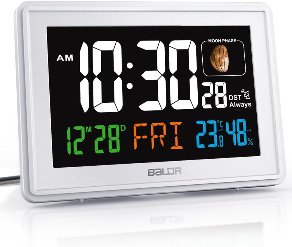 BALDR Atomic Alarm Clock - Large Color Display Digital Desk Clock (White)