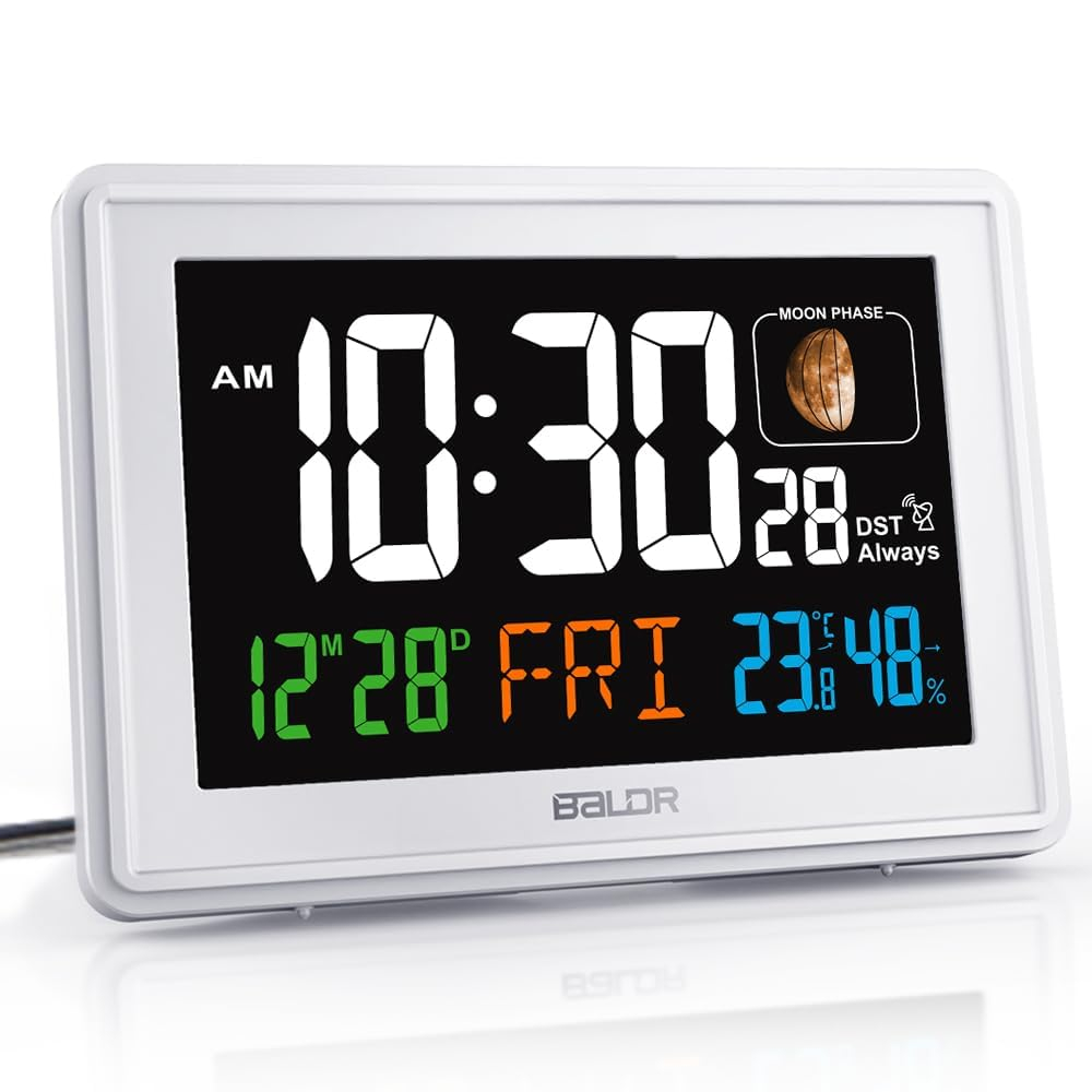 BALDR Atomic Alarm Clock - Large Color Display Digital Desk Clock (White)