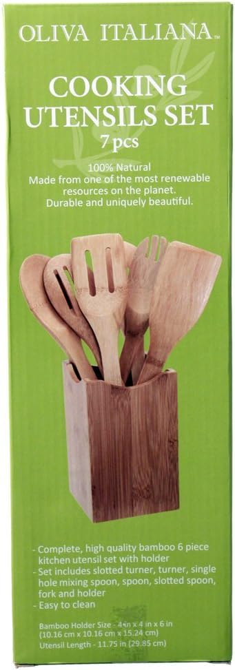 Oliva Italiana 7-Piece Bamboo Kitchen Utensil Set with Holder – Eco-Friendly, 100% Organic Bamboo Wooden Cooking Spoons, Spatula, Ladle, Turner & Pasta Server with Ergonomic Handles