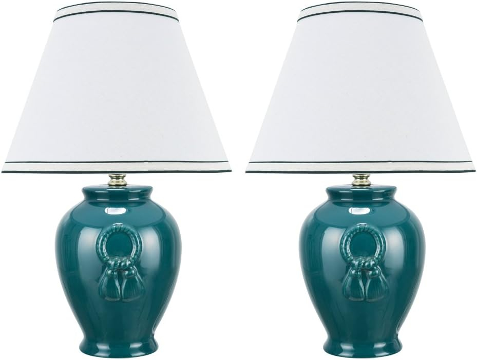 Aspen Creative 40069-2, Two Pack Set, 17" High, Traditional Ceramic Table Lamp, Green with Hardback Empire Shaped Lamp Shade in Off-White, 11 1/2" Wide