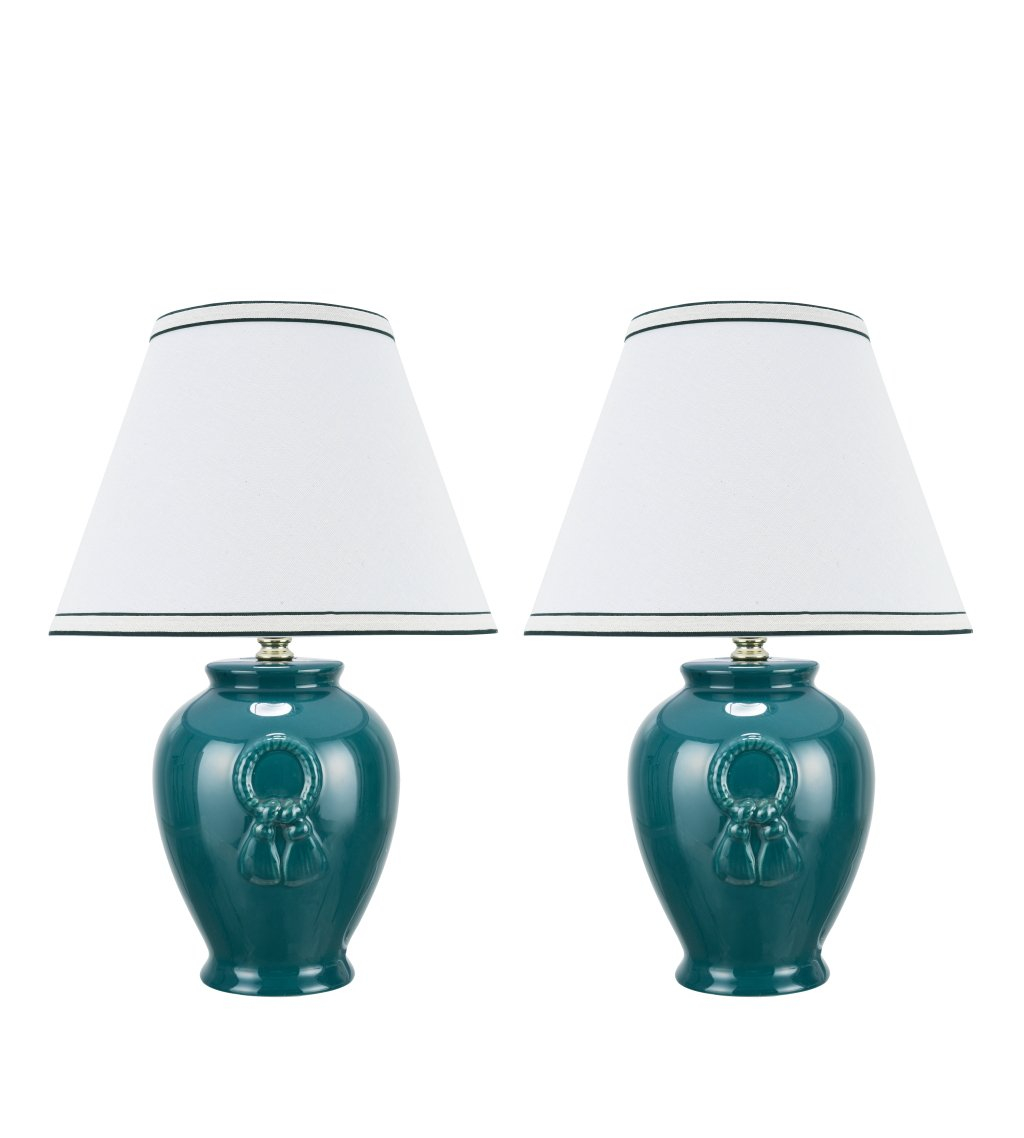Aspen Creative 40069-2, Two Pack Set, 17" High, Traditional Ceramic Table Lamp, Green with Hardback Empire Shaped Lamp Shade in Off-White, 11 1/2" Wide