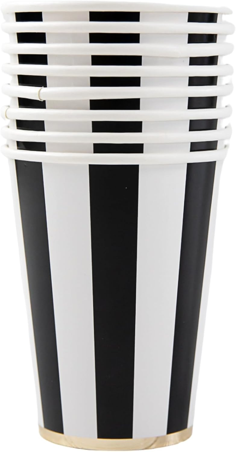 Black and White Striped Paper Cups with Gold Trim, 12oz