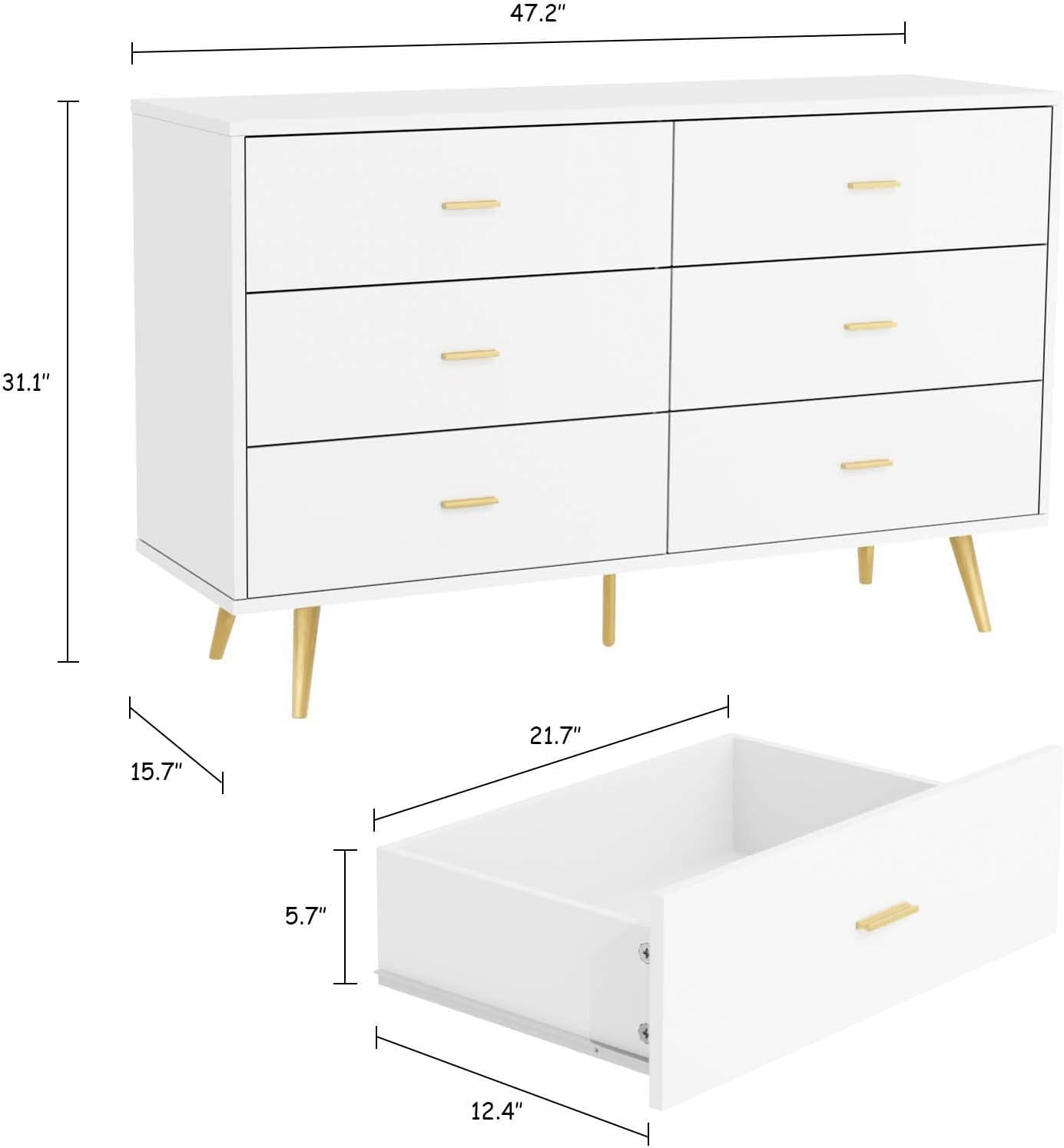 JOZZBY White Dresser, 6 Drawer Dresser for Bedroom with Wide Drawers and Metal Handles, Modern Wood Storage Chest of Drawers for Living Room Hallway Entryway