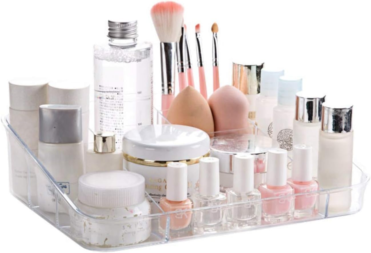 SUNFICON Makeup Organizer Tray Brush Holder Cosmetic Display Case Storage Box for Vanity Countertop Bathroom Drawers, 8 Compartments, Crystal Clear Acrylic