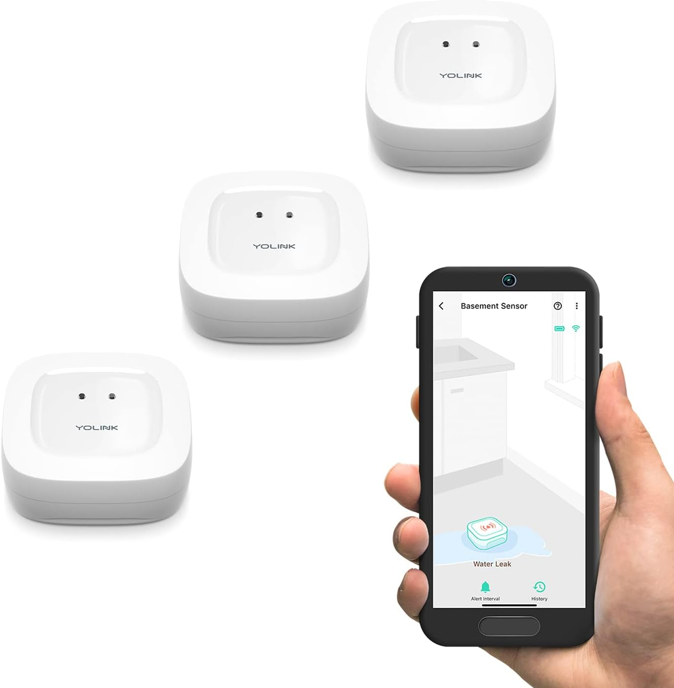 YoLink Smart Water Leak Sensor, 1/4 mile Range White Smart Household Water Sensor 3 Pack