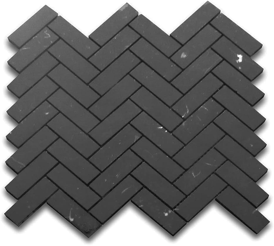 Stone Center Online Nero Marquina Black Marble 1x3 Herringbone Mosaic Tile Honed Kitchen Bath Wall Floor Backsplash Shower (1 Sheet)