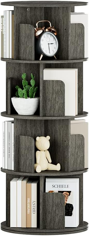 OTK Rotating Bookshelf, 360° Display Standing Book Shelf Organizer, 4 Tier Wooden Corner Bookshelves for Small Space, Small Bookcase Storage Rack for Kids' Room, StudyRoom, Bedroom, Black Oak