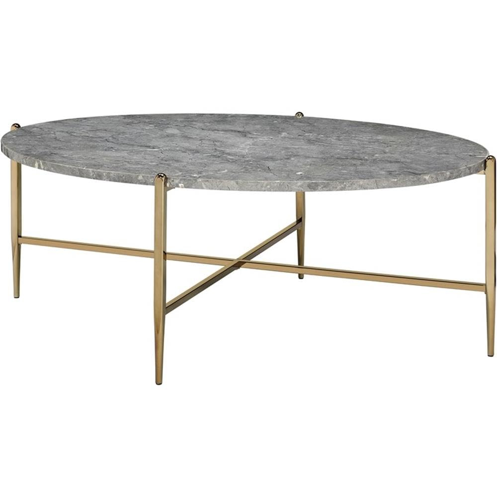 ACME Tainte Oval Faux Marble Top Coffee Table in Gray and Champagne