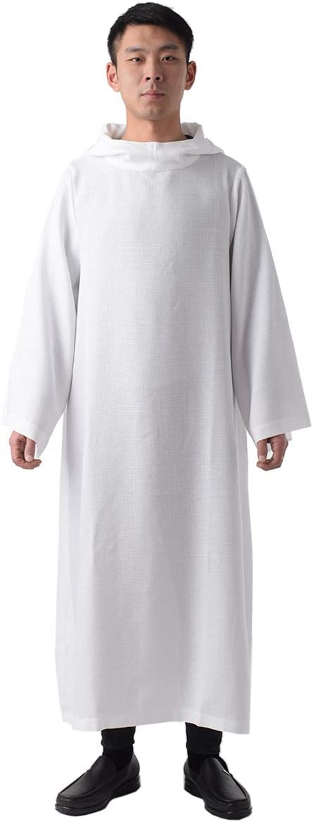 BLESSUME Priest Clergy Alb Pleats Front Wrap Alb Vestments with Cowl Hat