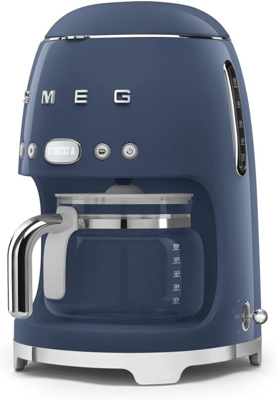 Navy Blue Retro Style 10-Cup Drip Coffee Machine with Glass Carafe
