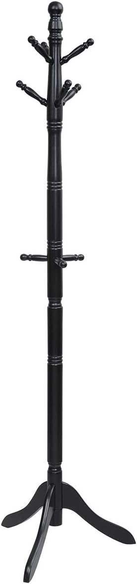 Wood Coat Rack Freestanding, Entryway Height Adjustable Coat Stand with 9 Hooks & Stable Tri-Legged Base, Rubber Wood Coat Tree Hall Tree Coat Hanger Stand for Home Office Hall Entryway, Black