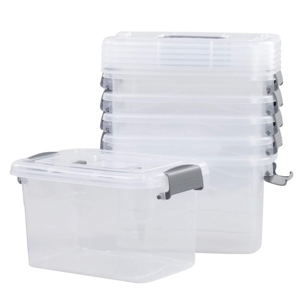 6-Pack Home Storage Bins, Plastic Container, Latching Box with Handle (Grey handle)