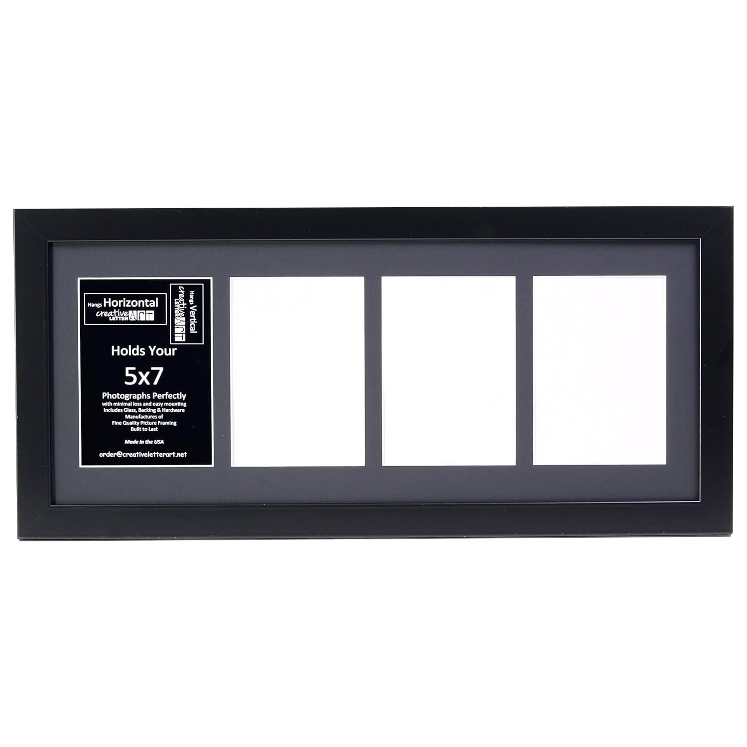 Creative Letter Art - 4 Opening 5x7 Black Picture Frame with 10x24-inch Black Mat Collage including Full Strength Glass, Alphabet Photography