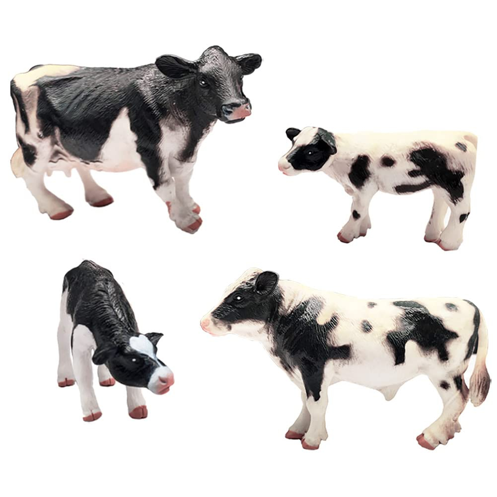Realistic Farm Cow Model Figures Toy Set, 4pcs Cow Statues Family Figurines Collection Playset, Farm Meadows Pasture Preschool Educational Learn Cognitive Toys