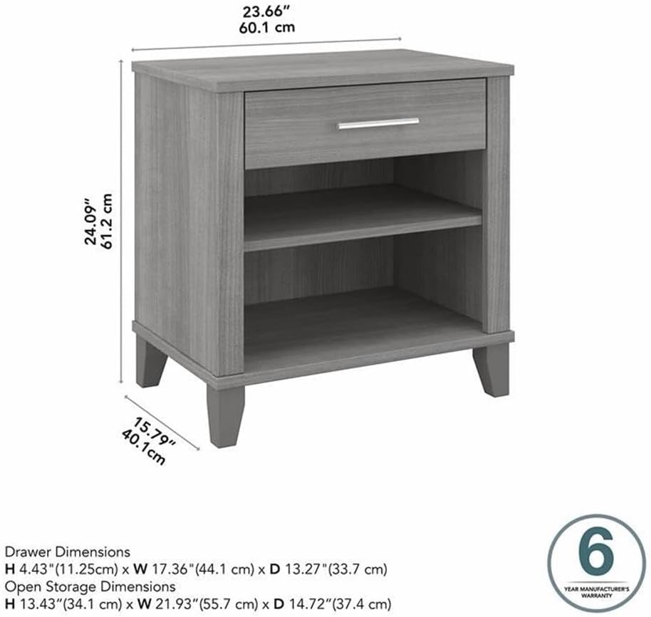 Bush Furniture Somerset Nightstand with Drawer and Shelves, Platinum Gray