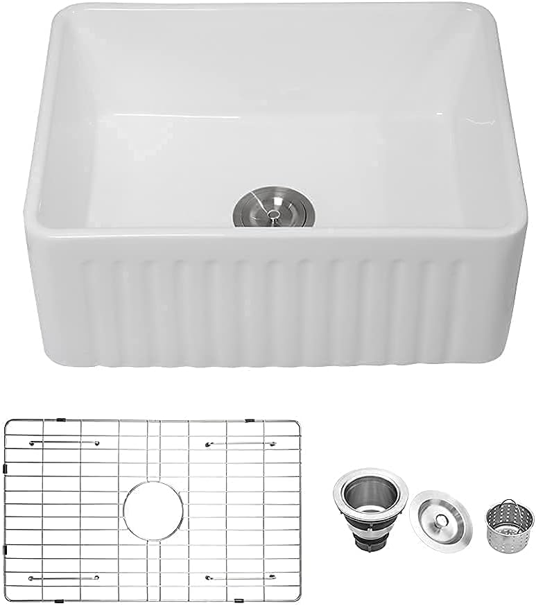 White Undermount Kitchen Sink 18"x18" Round White Undermount Sink Round Ceramic Fireclay Single Bowl Deep Bar Sink with Sink Grid and Basket Strainer.LOF-LWFS1818